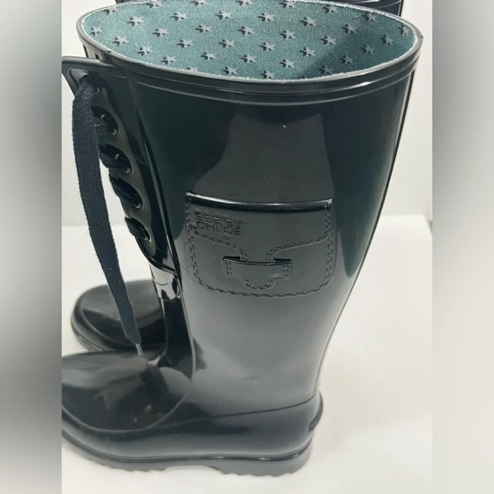 See by Chloe Lace Wellington Black Rain Boots Sz 5
